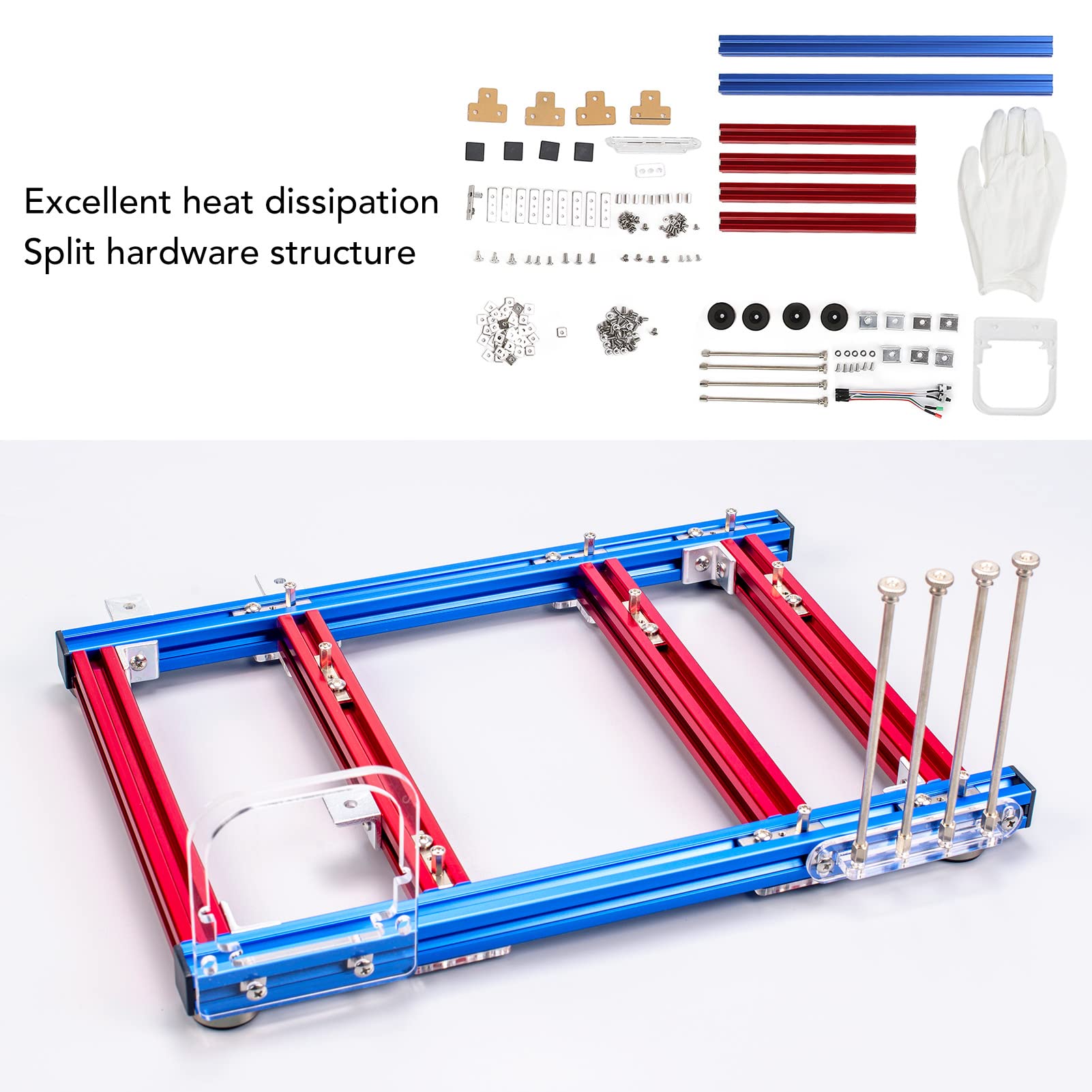 Eacam Marco Desnudo DIY MATX, Soporte de Caja Abierta para Computadora, Aluminio Duradero para Jugadores y Configuraciones de Minería (Azul Rojo)
