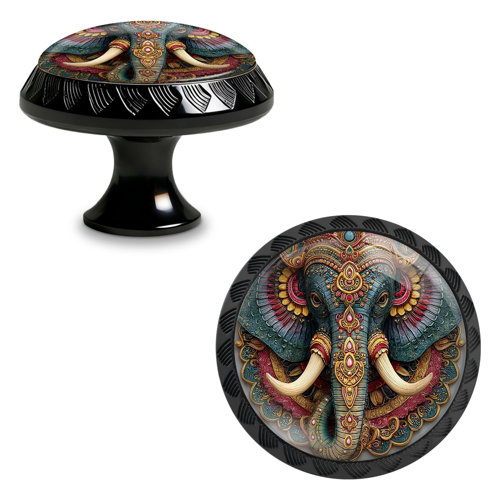 Yiruhe 4 Pack Indian Elephant Wall Art Kitchen Cabinet Knobs Acrylic Round Drawer Pulls for Dresser Cupboard Door Handles