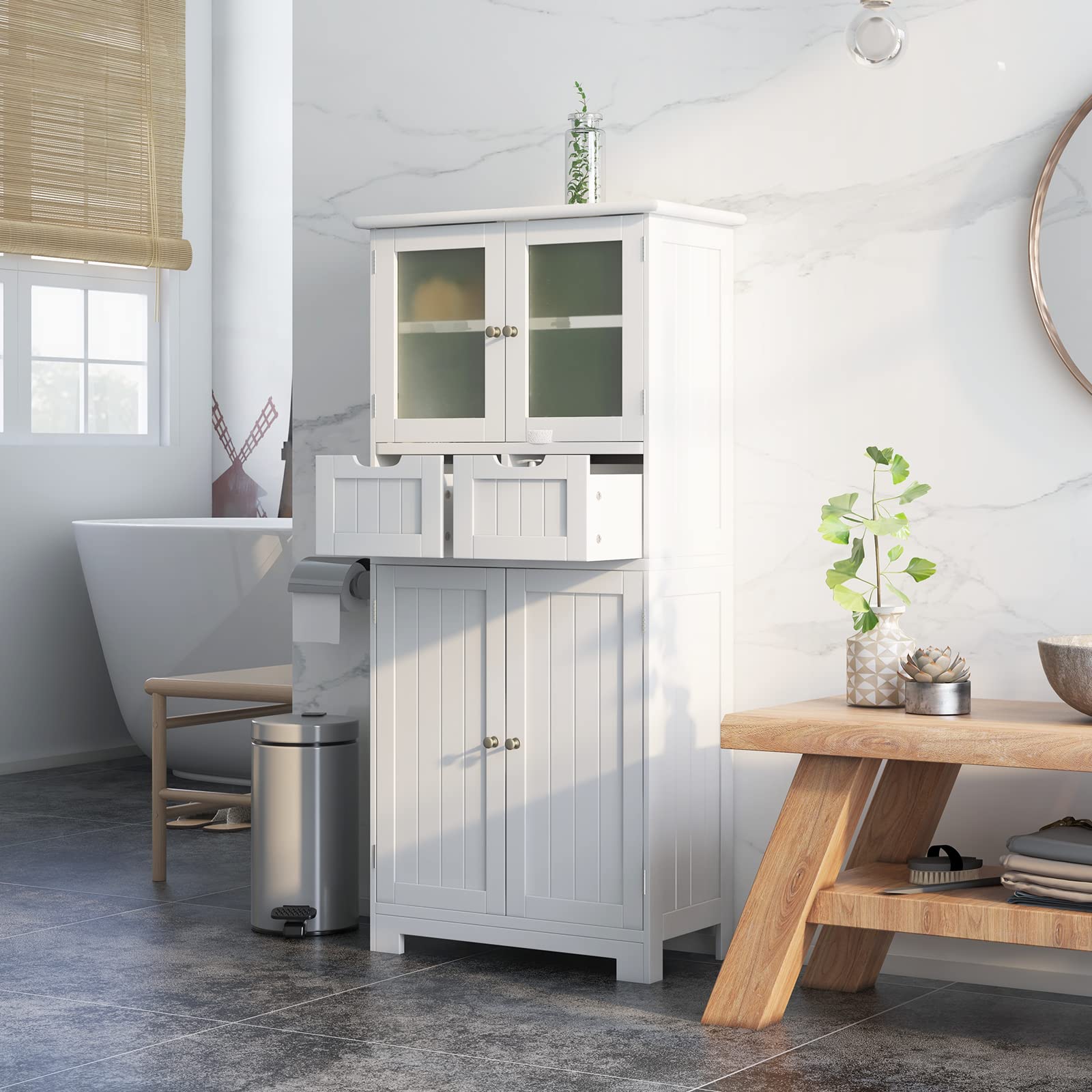 LIFEZEAL Armario Suelo de Baño, Mueble de Baño con Estantes Ajustable, Mueble de Almacenaje con Cajones y Doble Puerta, Mueble Lateral Multifuncional para Cocina (Blanco)