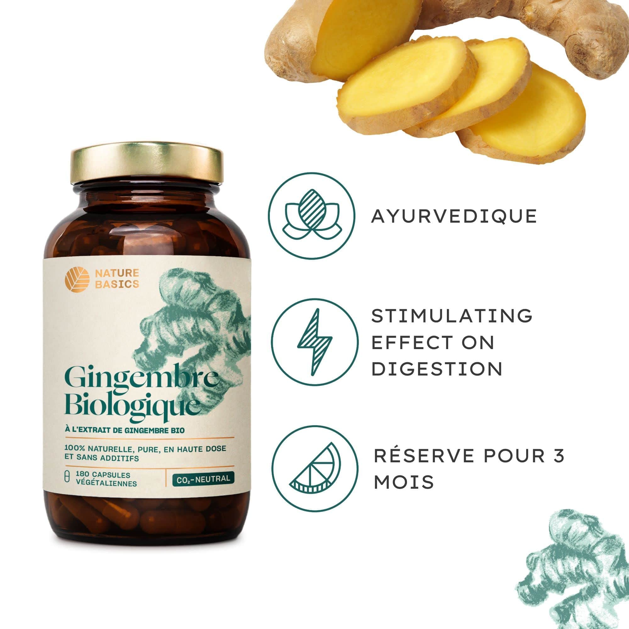 Nature Basics® Gingembre en gélules BIO & EXTRAIT | certifié & durable en pot | 180 gélules végétaliennes & pures | testé en laboratoire, en provenance d'Allemagne, sans additifs & neutre en CO2