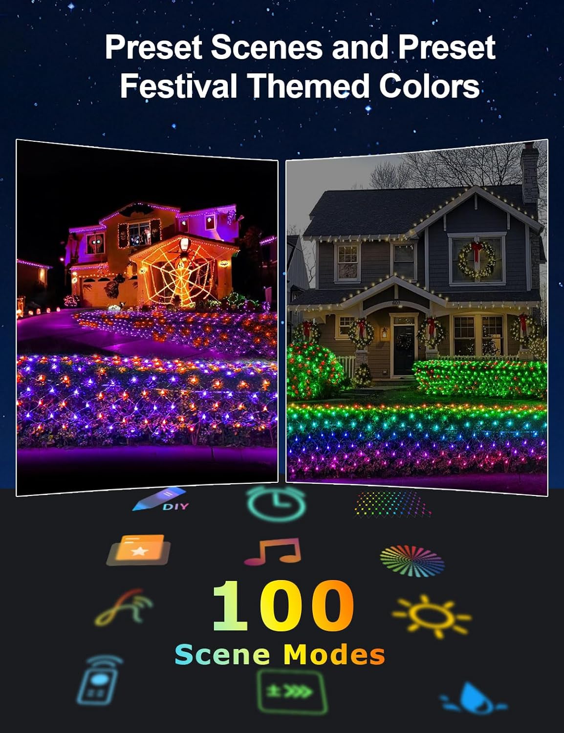 Smart Outdoor Net Lights 4*18ft with RGBW DIY Modes, 300 LEDs Christmas Net Lights with 100+ Preset Scenes and Timer Music Sync, Waterproof for Bushes Shrubs Tree Decoration, APP & Remote Control