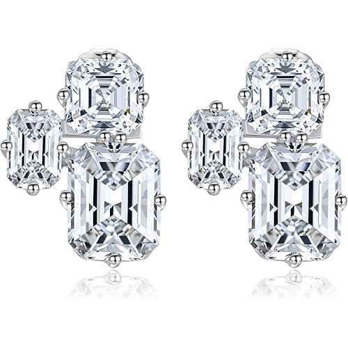 Princess Cut Sterling Silver Hoop Earrings, Lab Simulation Diamond 5A Cubic Zirconia Sterling Silver Platinum Plated Earrings for Women Wedding Birthday Jewerly Gifts