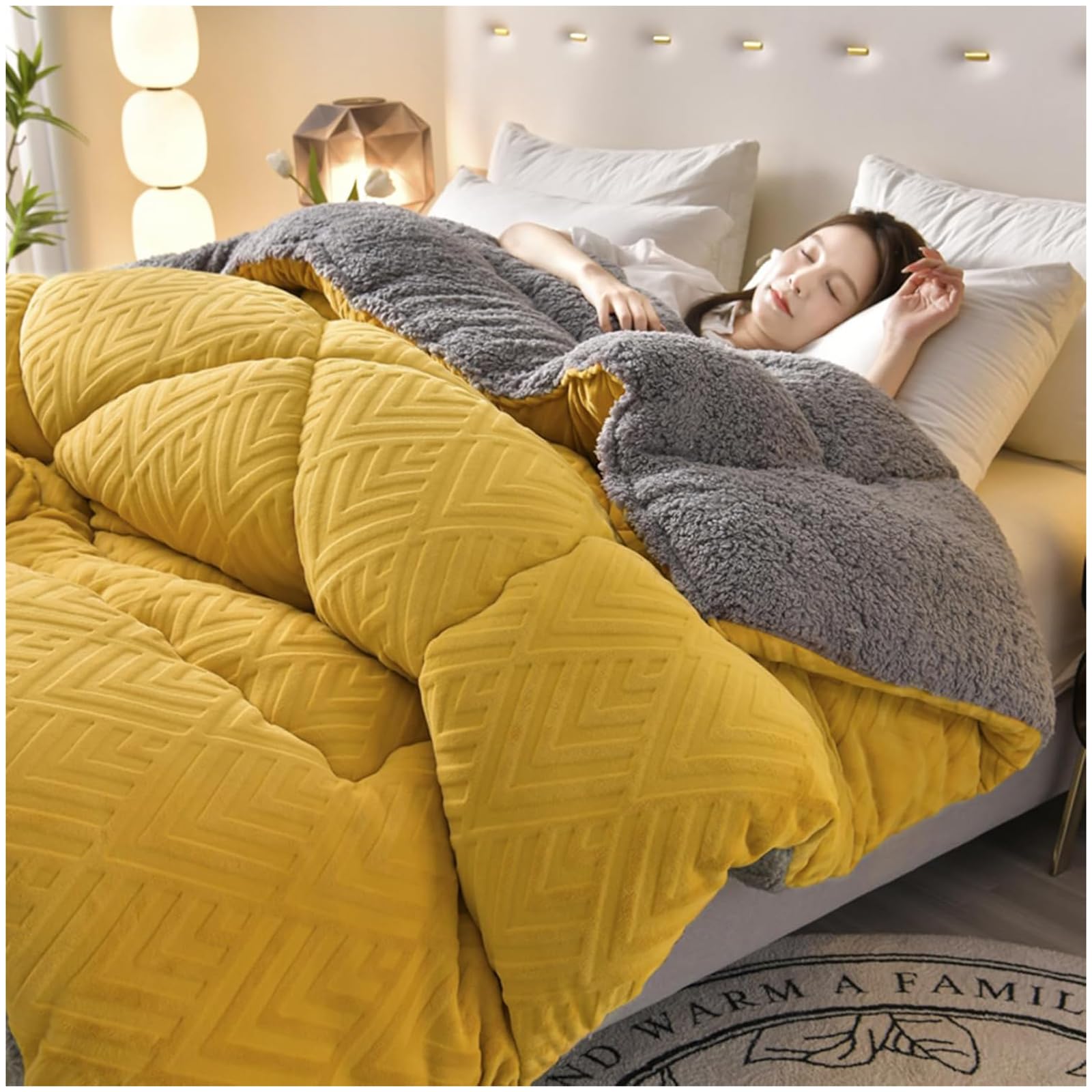 BDMFJY Edredón Nórdico con Borreguito. Edredón Sherpa Color Sólido para Cama de 135 y 150, Gruesa Manta Cama Matrimonio y Sofá de Invierno, Cálida y Suave,Amarillo,1.5x2cm/3kg
