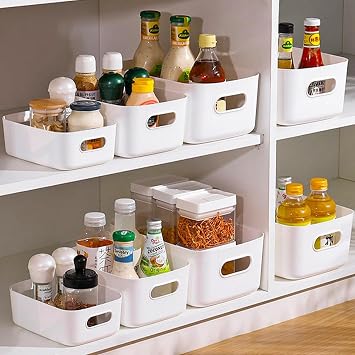 Pack of 8 White Storage Boxes Plastic Storage Basket with Handles 30 x 20 x 12 cm kitchen cabinet organiser box baskets storage box plastic box shelf for bathroom kitchen pantry