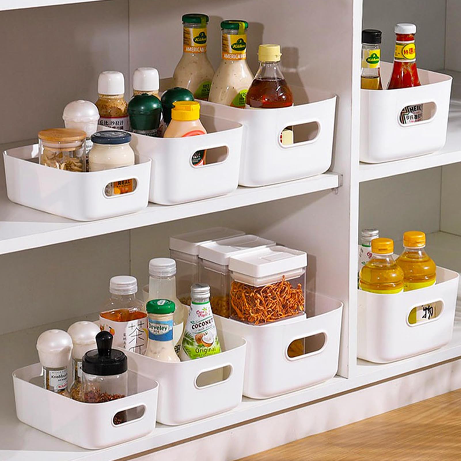 Lot de 8 boîtes de rangement en plastique blanc avec poignées - 30x20x12cm | Pour armoire de cuisine - Boîte de rangement en plastique pour salle de bain, cuisine, garde-manger, Étagère, Organiseur