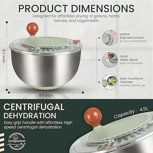 Miniatura 3 de Ensaladera de acero inoxidable de 5 cuartos de galón, cuenco para lavar verduras y frutas con colador, ABS y acero inoxidable, secadora de lechuga