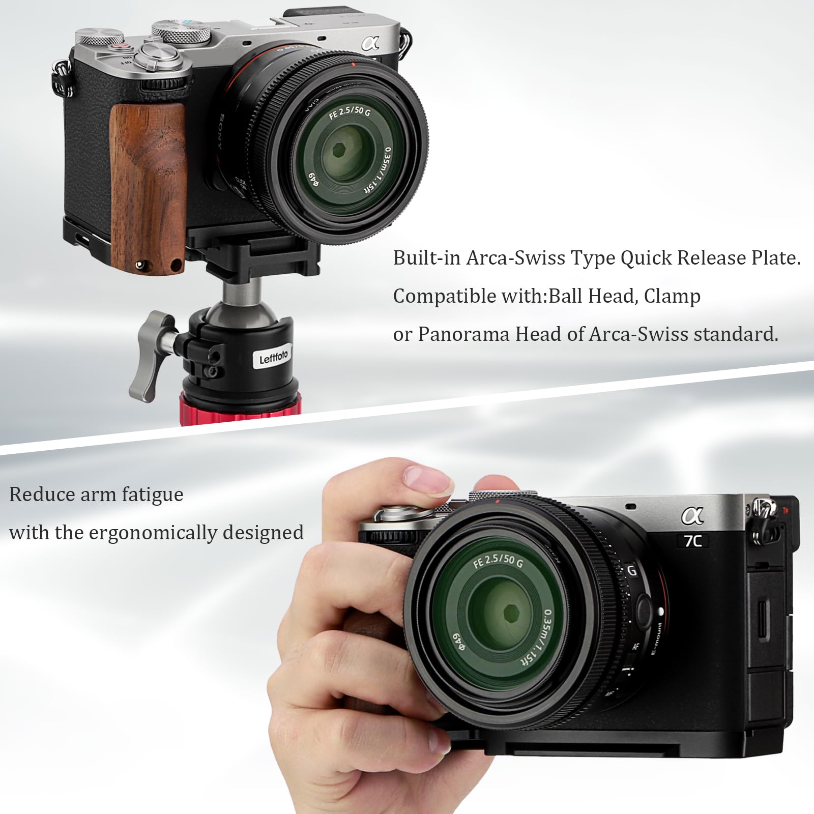 LEFTFOTO A7CR Support en forme de L avec poignée en bois pour appareil photo Sony A7CR/A7C2, avec plaque de dégagement rapide Arca inférieure intégrée, poignée latérale ergonomique rétro pour une
