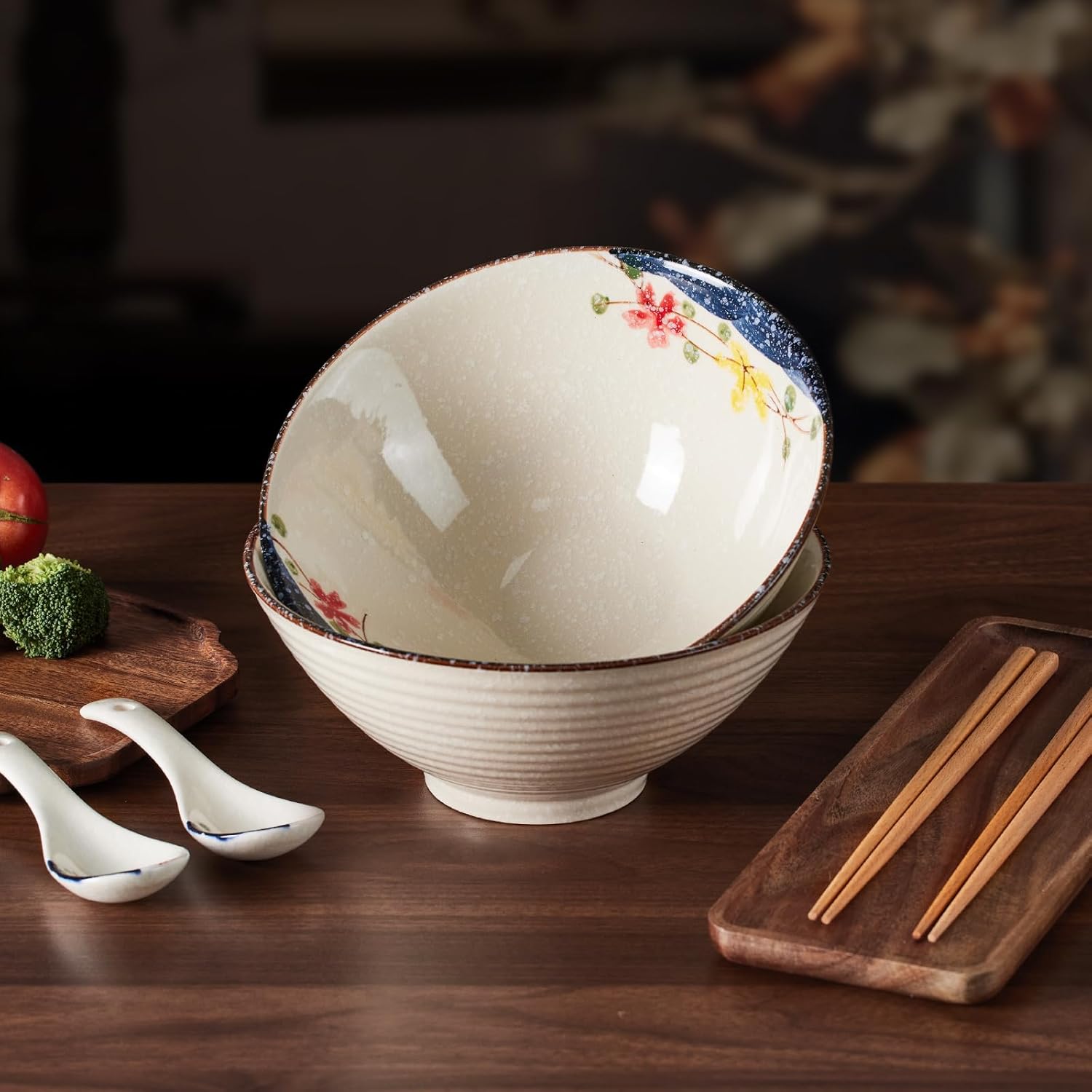 Japanese Ramen Bowl Set 2PCS, 40oz Large Ceramic Noodle Bowls with Chopsticks and Spoons for Pho, Udon, Rice, Pasta – Microwave & Dishwasher Safe (Colorful Flowers(2 pieces))