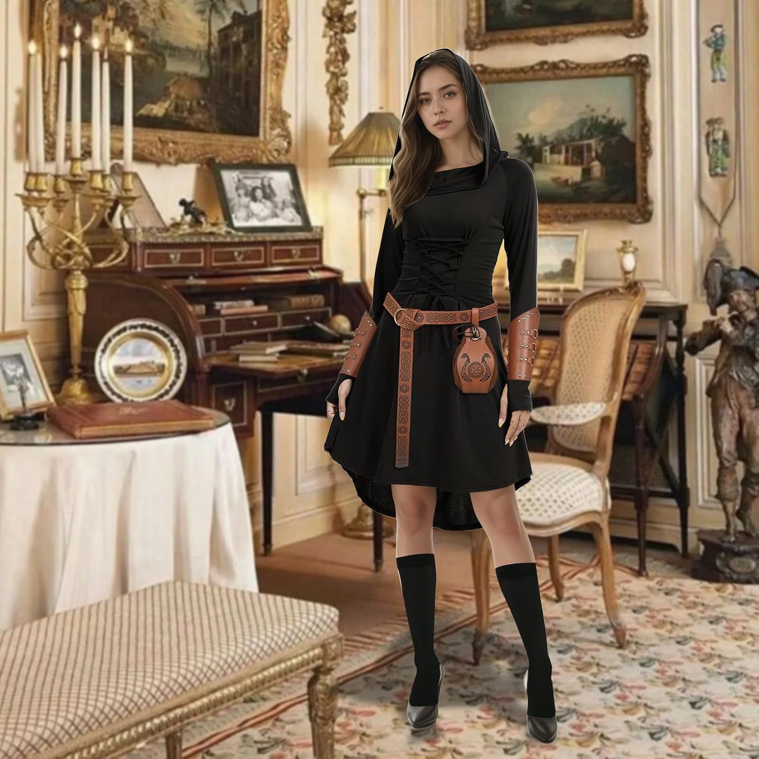 5 Pcs Renaissance Women Costume Medieval Hooded skirt Vintage Arm Guard Printed Belt and Waist bag - Image 4