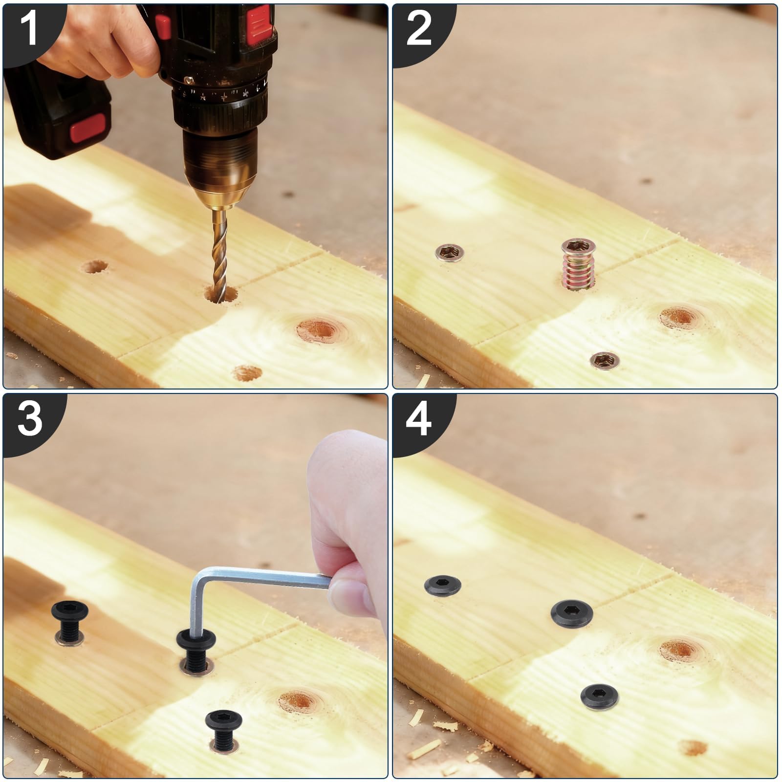 25 viti a testa piatta M4 x 15 mm, dado a vite M4, inserto filettato in legno, con viti a esagono incassato in acciaio C e 2 chiavi a testa piatta per mobili in legno