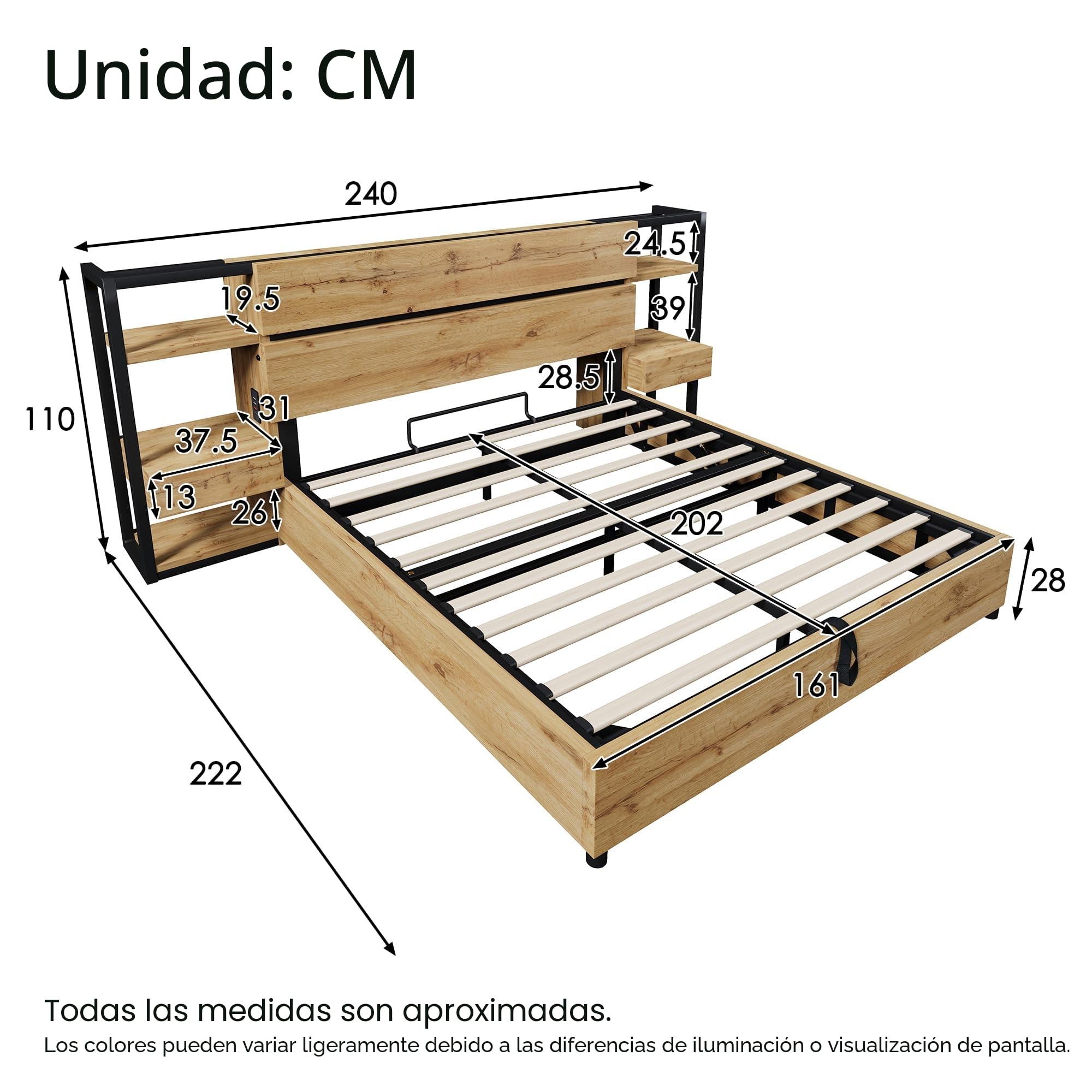 Cama de matrimonio de 160 x 200 cm con cajones y puerto de carga USB y tipo C de madera, cama de almacenamiento hidráulico, cabecero de almacenamiento, somier con listones de madera, acabado