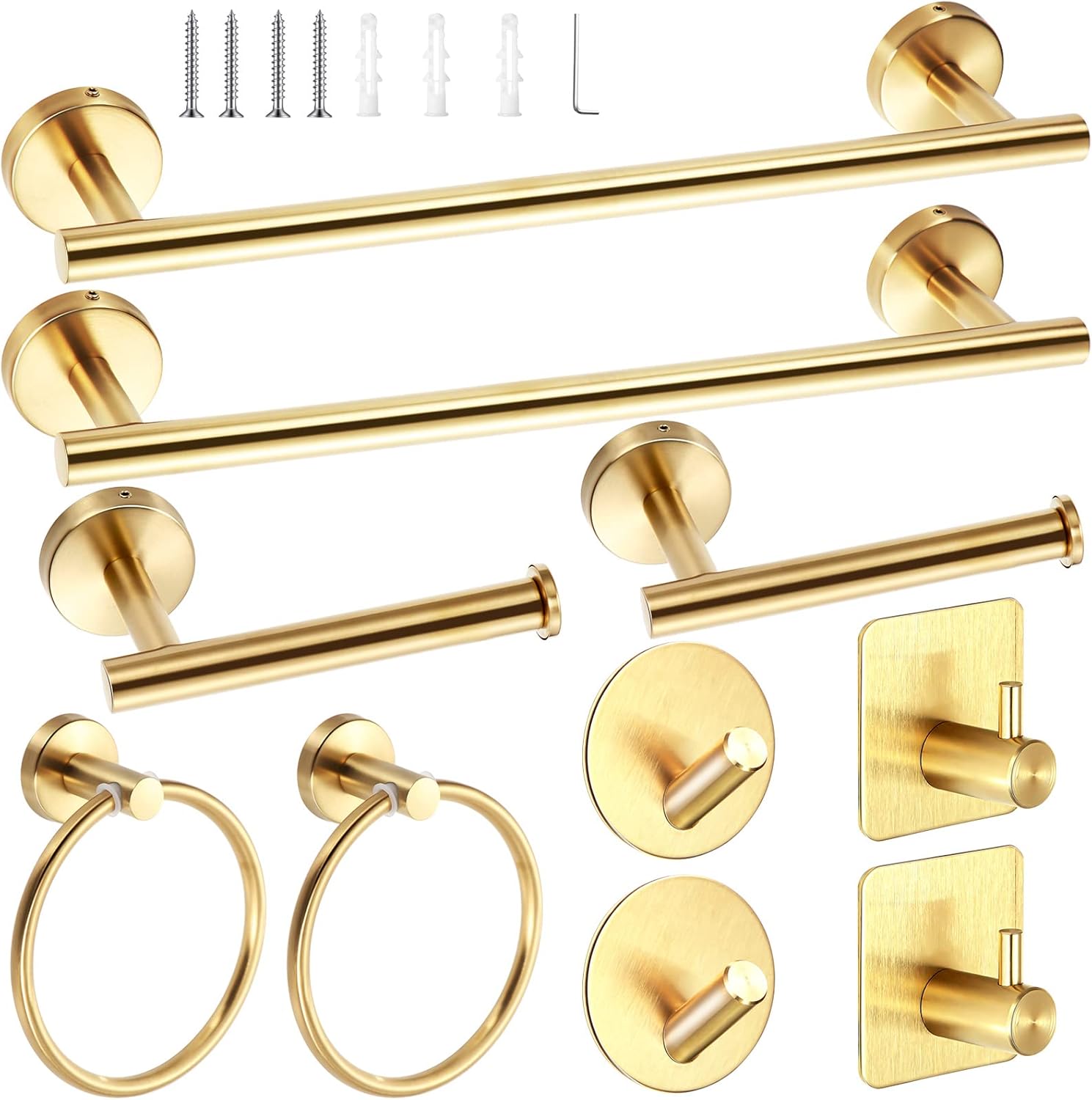 10 Pcs Matte Bathroom Hardware Set SUS304 Bathroom Hanger Set 16 Inch Hand Towel Bar Towel Holder Toilet Paper Holder Angled Hook 2 Robe Towel Hooks Wall Mounted Accessory(Gold)