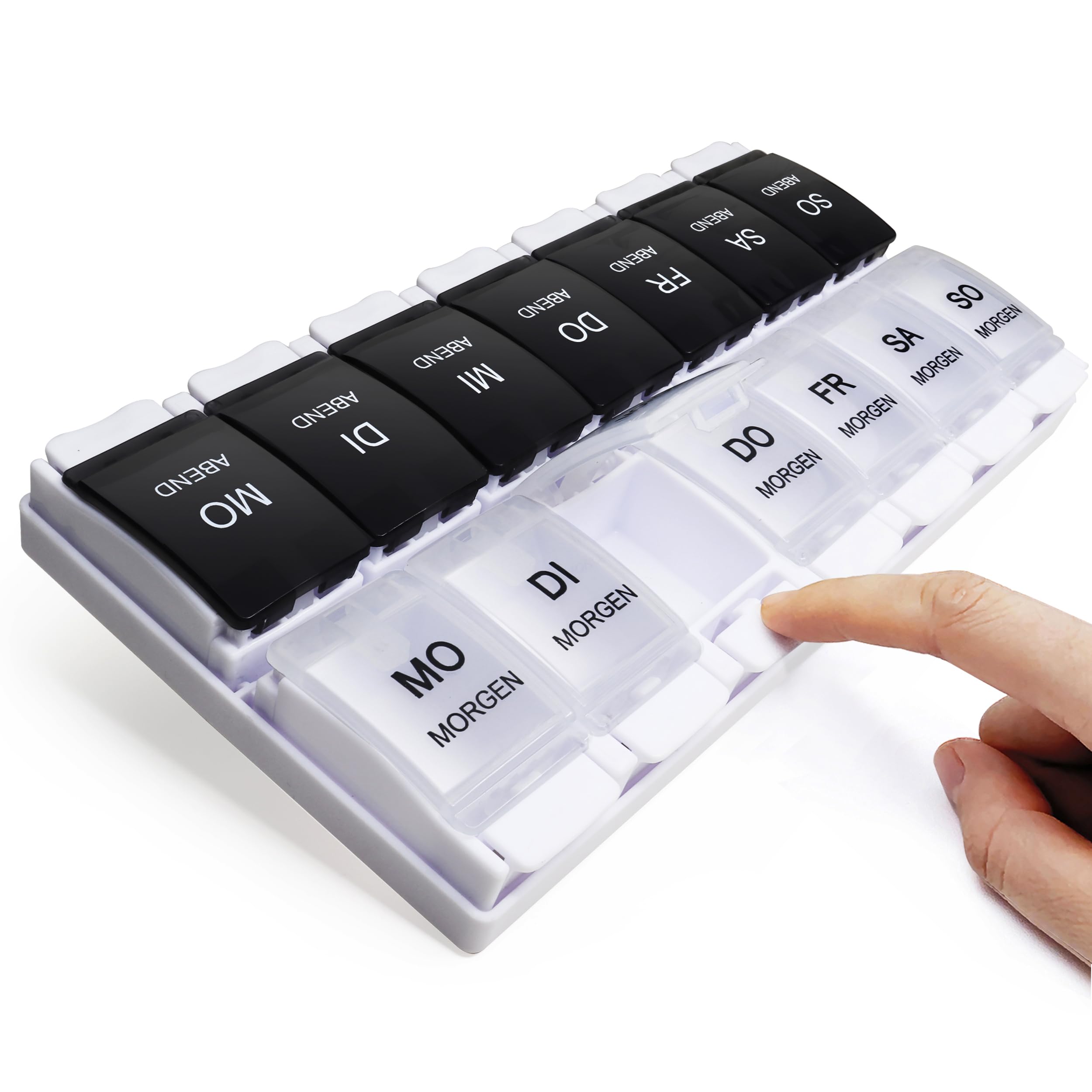 MOLN HYMY Medikamentenbox 7 Tage 2 Fächer, Pillendose Morgens Abends, Große Kapazität, BPA-frei, 14 Fächer, Druckknopf