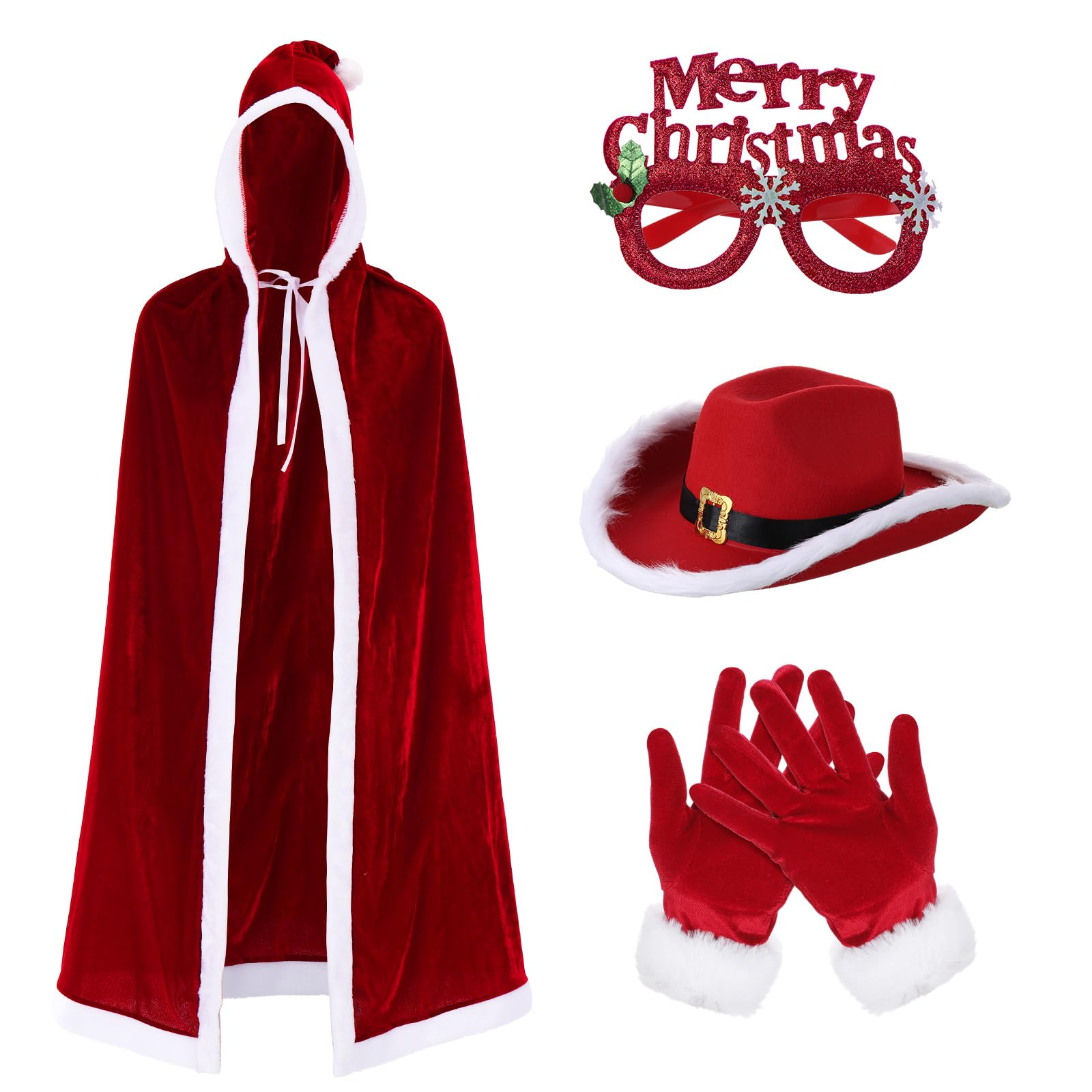 4 Pcs Women Christmas Costume Set Miss Claus Costume Includes Lighted LED Cowgirl Hat Velvet Hooded Robe Cloak Furry Gloves and Merry Christmas Glasses Deluxe Xmas Party Cosplay