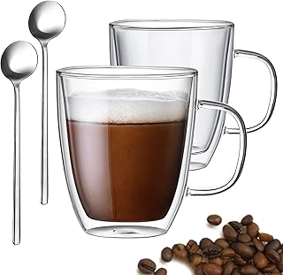 Gezzeny Glass Coffee Mugs, 12.5 Oz Set of 2 Insulated Double Wall Glass Coffee Mugs with Handle & Spoons, Crystal Clear Gl...