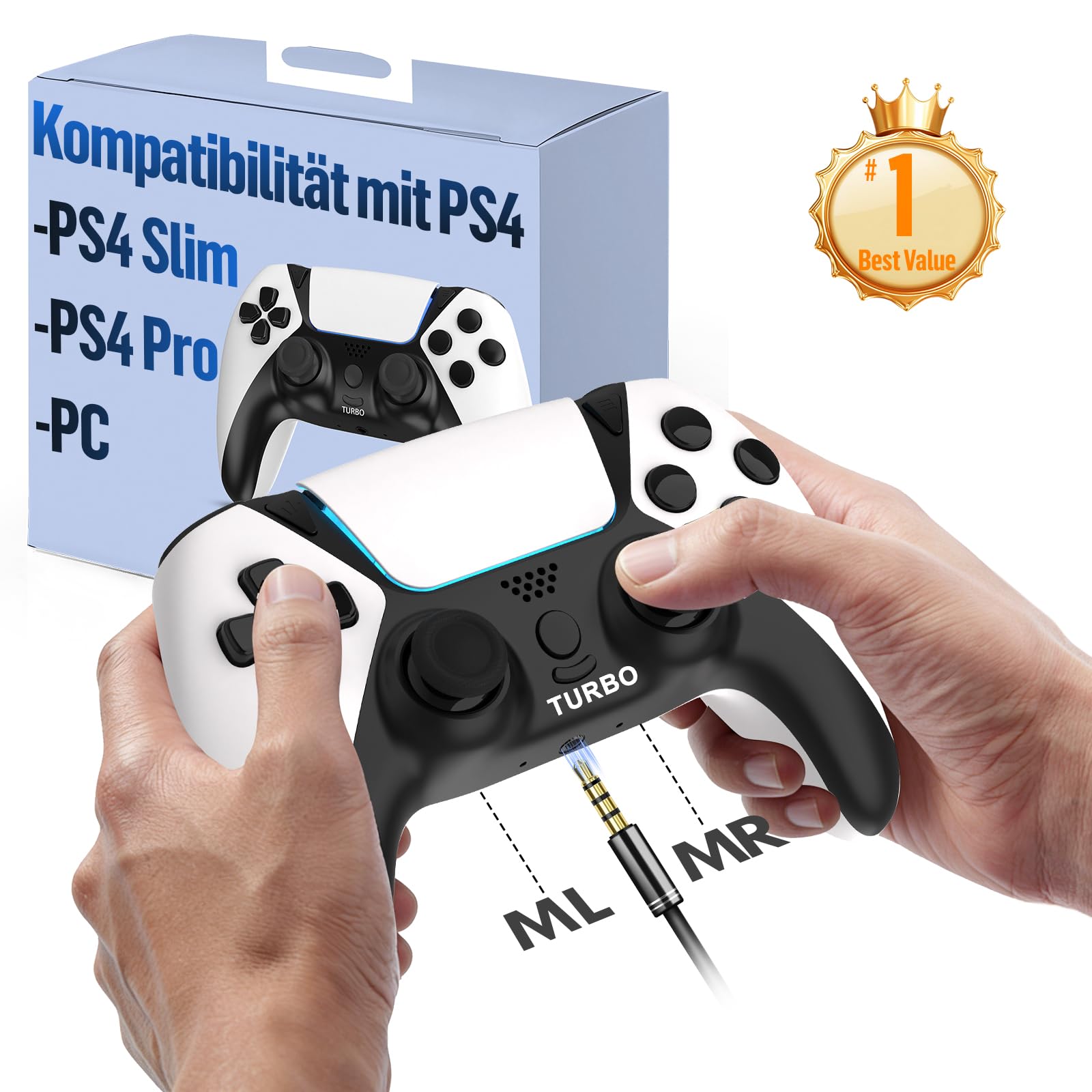 Ruibopad Für PS4 Controller,Wireless Controller Kompatibel mit PC,Pro,Slim,ALPS Joysticks Ohne Drift,Paddels und Turbo,Gamepad mit 3.5mm Kopfhörerbuchse,1200mAh Akku,Weiß.Geschenk für Gamer.