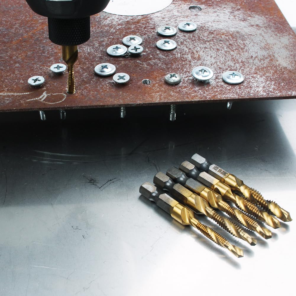 6 Pack Titanium Combination Drill Tap Bit Set Drill, Tap & Countersink in One Step SAE Sizes, 6-32NC 8-32NC 10-24NC 10-32NC 12-24NC 1/4-20NC