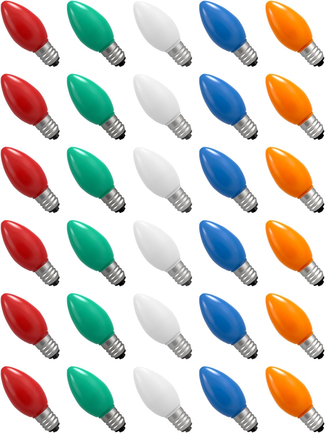 30-Pack C7 Multicolor LED Replacement Christmas Light Bulbs, Retro Festive Colors for Holiday Decorating, Shatterproof, E12 Base for a Vintage Christmas Tree Look Retro, Vintage, Cheerful, Festive