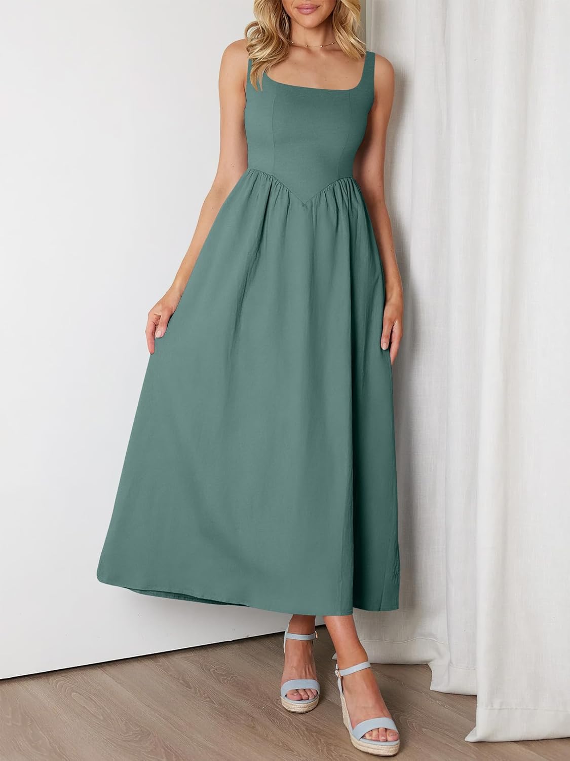 ANRABESS Sundresses for Women 2025 Summer Casual Sleeveless Square Neck Smocked Flowy Beach Vacation Midi Dress with Pockets - Image 3