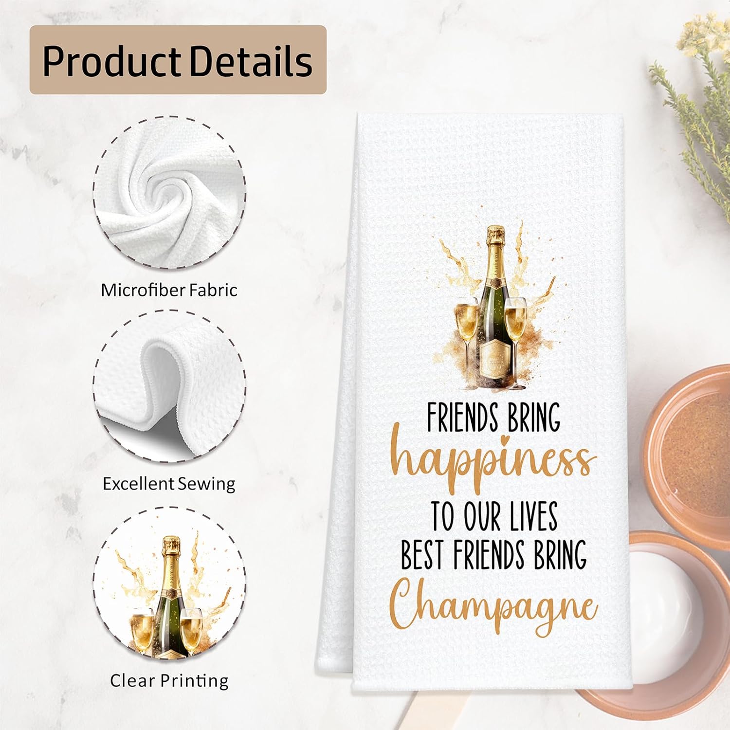 Funny Champagne Kitchen Towel, Waffle Weave Hand Towel with Friends Bring Happiness Quote, Absorbent Decorative Dish Towel for Kitchen & Bar, Gift for Housewarming, Hostess 16x24 Inch - Image 7