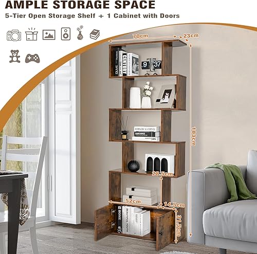 Miniatura 6 de STAKOL Estantería de 6 niveles con gabinete, estante independiente en forma de S con puertas, dispositivo antivuelco, estantería geométrica de