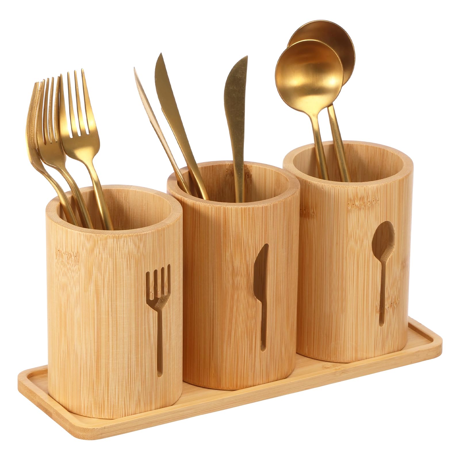 Jokapy Bamboo Cutlery Holder Set Kitchen Utensil Holder with Tray Cooking Utensil Organizer Holder for Countertop Flatware Organizers with Removable Bottom Cooking Tools Storage for Spoons Forks