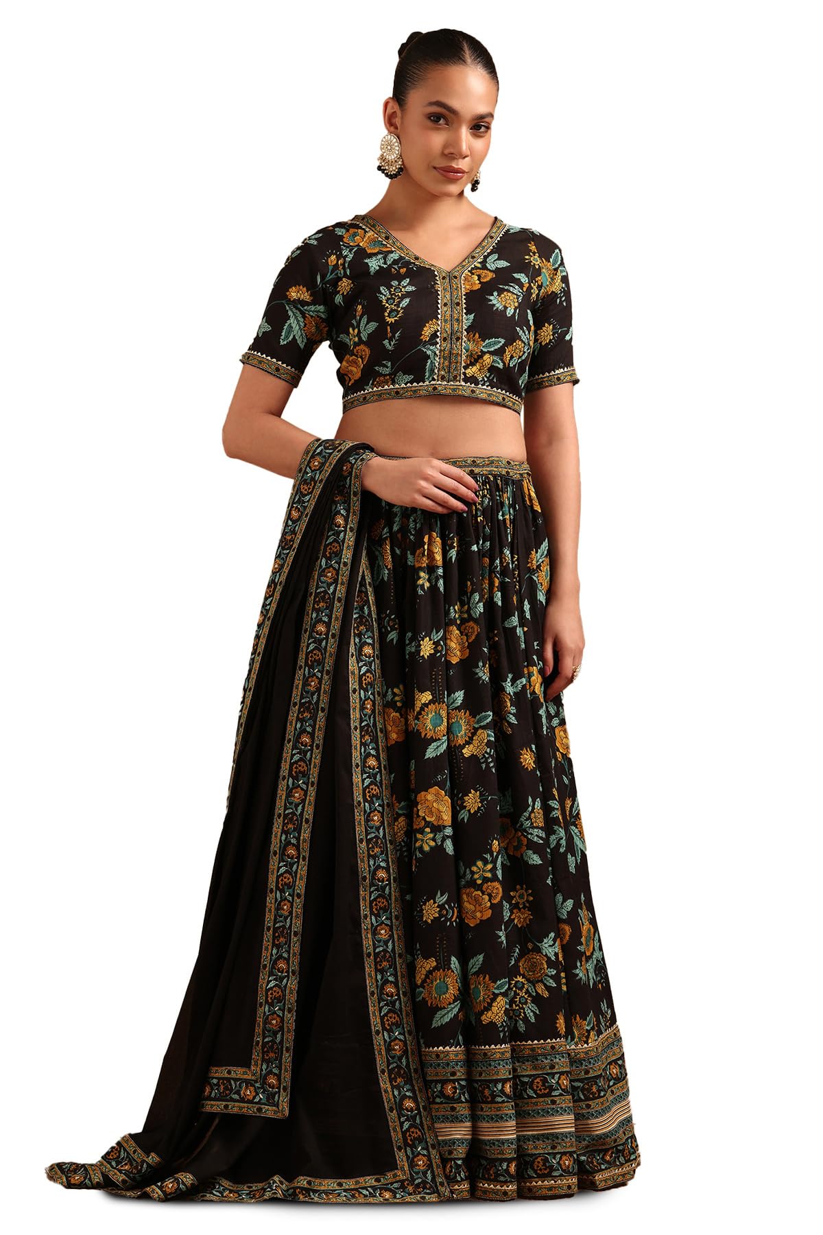 Womens Cotton Botanical Lehenga Choli Set With Gotta Patti-image-49