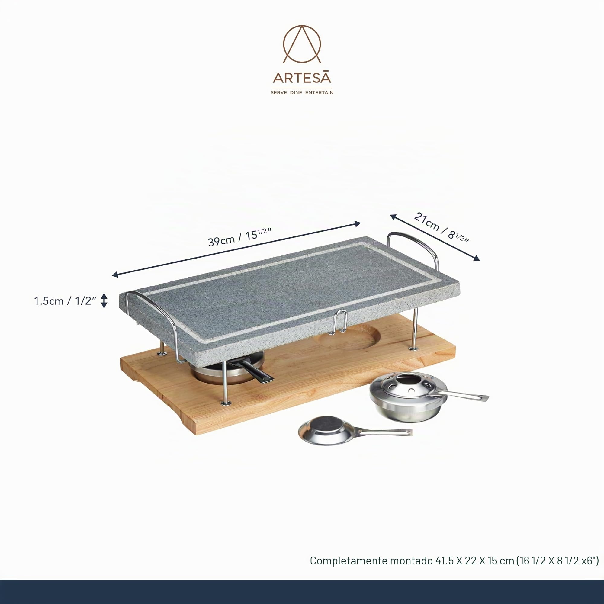 Artesa Parrilla de Piedra Caliente, Parrilla Gourmet de Sobremesa, Parrilla de Piedra para Carnes, Mariscos y Verduras, 41,5 x 22 x 15 cm - Mármol/Madera