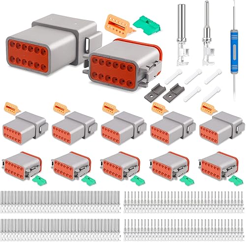 JRready ST6327-12 Deutsch - Kit de conectores DT de 12 pines, conectores DT impermeables grises de 12 pines (5 juegos), contactos estampados de