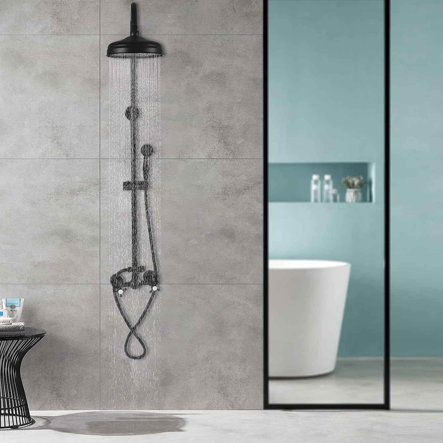Matte Black Exposed Shower Faucet Kit, 8 Inch Rain Shower with Handheld Spray Double Knobs, Wall Mount Rainfall Shower Head, Bathtub & Shower Trim Systems for Bathrooms in Homes