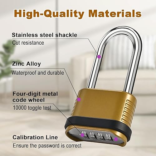 Miniatura 3 de Candado de combinación de 4 dígitos resistente de 105 mm con grillete largo, candado de combinación impermeable para exteriores, unidades de