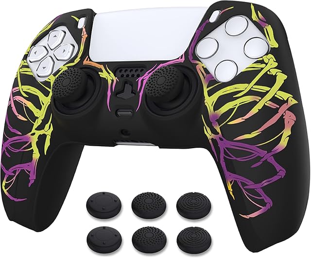 PlayVital Pure Series Purple & Yellow Anti-Slip Silicone Cover Skin for ps5 Controller, Soft Rubber Case for ps5 Wireless Controller with Thumb Grip Caps - Carving Skull