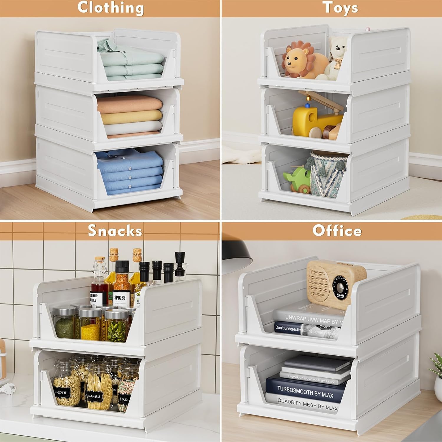 6 Pack Stackable Closet Storage Basket - Stackable Storage Bins, Multifunctional & Foldable Closet Organizer, Wardrobe Cupboard Space-Saving Hat Storage Drawer Organizer, White