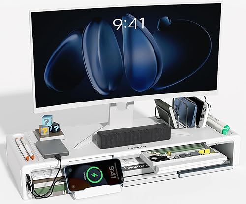 OImatser - Elevador plegable para monitor de computadora, ajustable, cajón de almacenamiento y ranura para bolígrafo, soporte de teléfono para