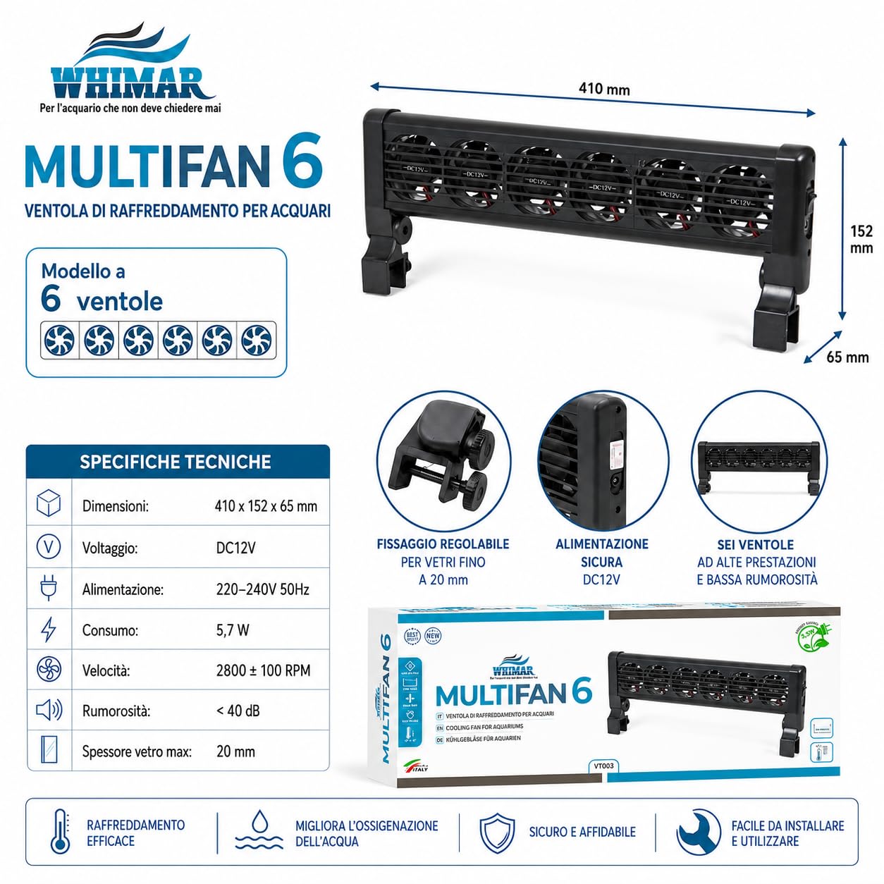 Whimar MultiFan 6 Ventole di Raffreddamento per Acquario, Sistema 12V a 6 Ventole, Basso Consumo 5,7W, Silenzioso <40 Db, per Acquari Aperti, Supporto per Vetro Fino a 20 mm