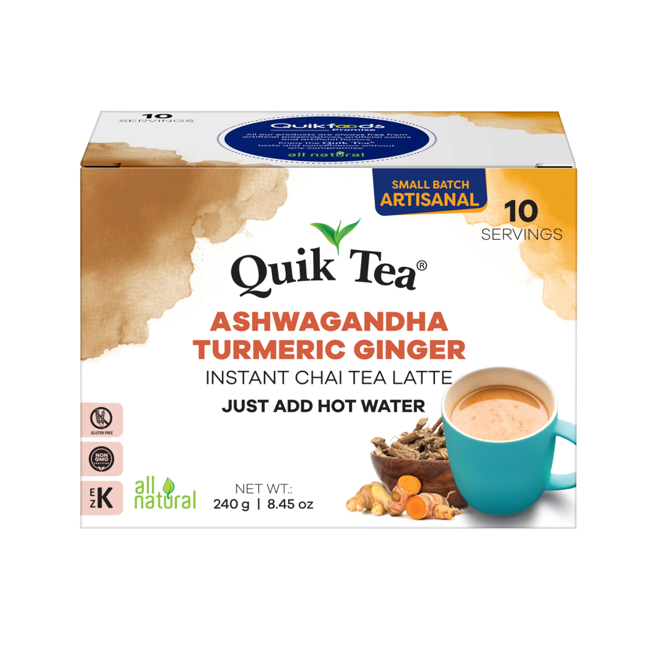 QuikTea Ashwagandha Turmeric Ginger Chai Tea Latte – 10 Count, Bold Turmeric Ginger Flavor, no preservatives– Just Add Hot Water