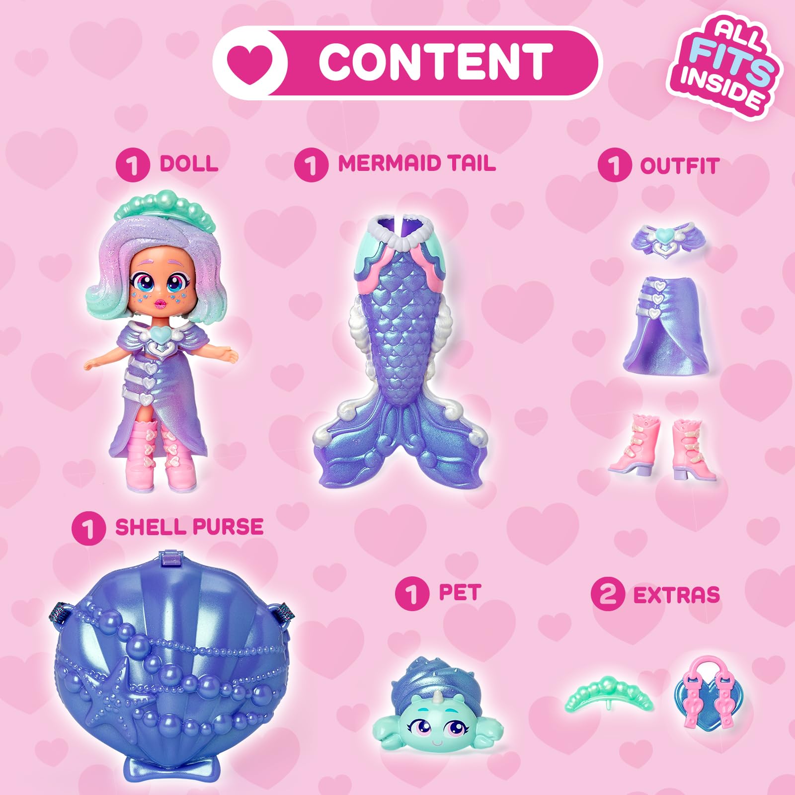 KOOKYLOOS MERMAID STARLIGHT FANTASY – 2 w 1:stylowa lalka i syrenka, awartość:1 laleczka, odpinany ogon syrenki, strój i buciki, morskie zwierzątko, akcesoria, torebka muszla do zabawy i noszenia.