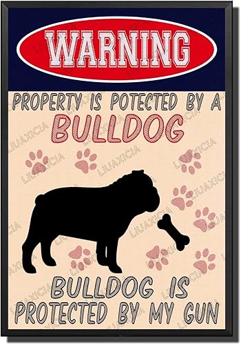 Miniatura 25 de Letrero de hojalata retro con texto en inglés "Warning Property Is Potected By A American Bulldog Is Protected By My Gun", decoración de pared para