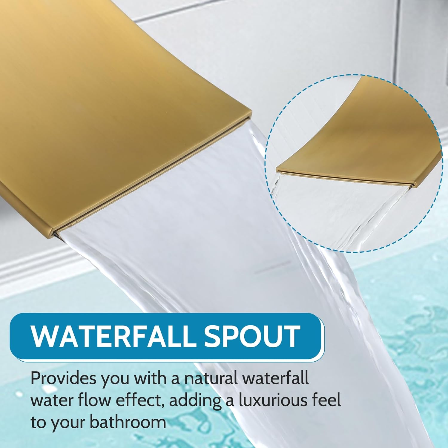 Wall Mount Waterfall Tub Filler, High Flow Bath Tub Faucet 3 Holes Bathroom Faucets Two Handles Solid Brass, Brushed Gold - Image 3