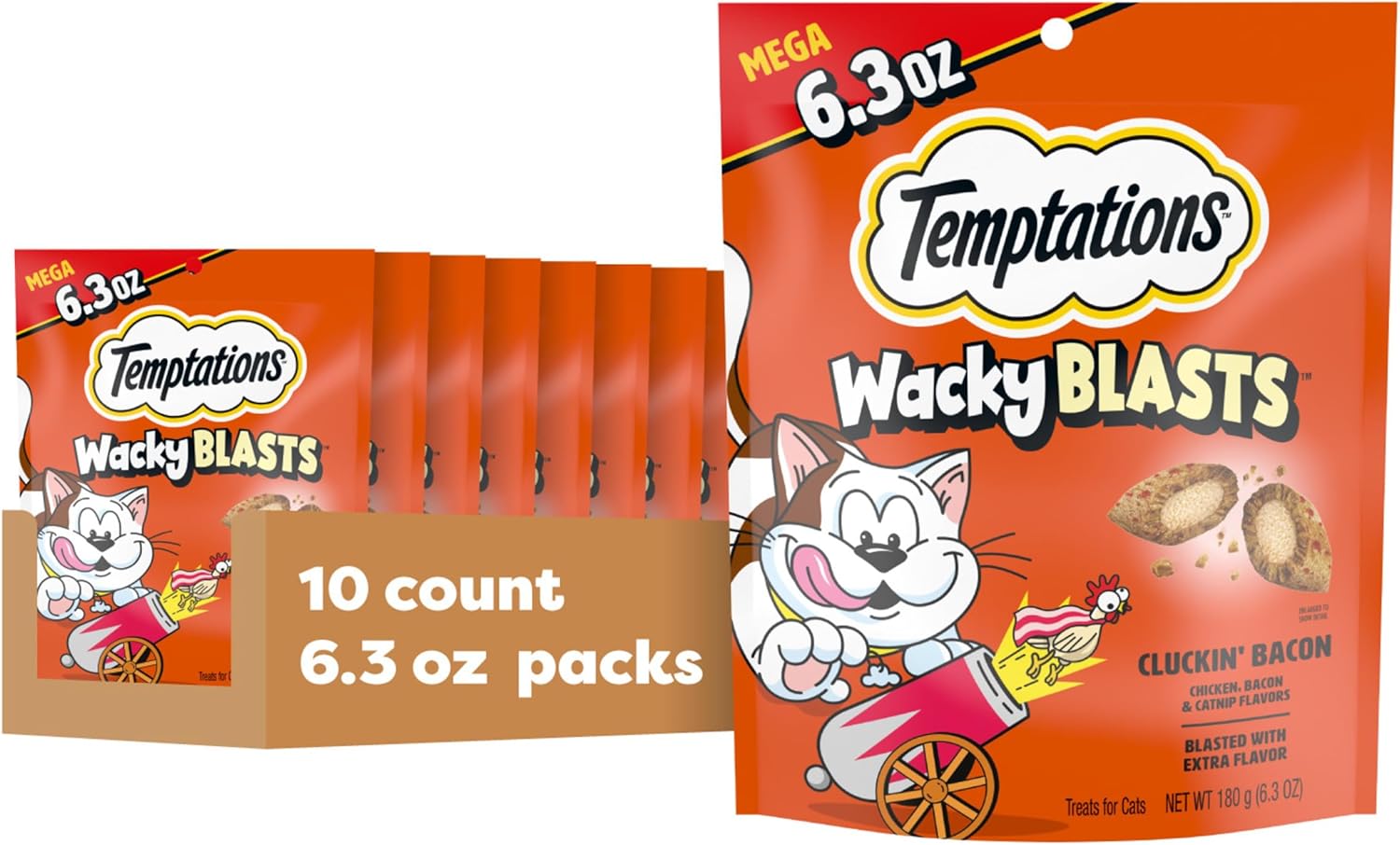 Temptations Wacky Blasts Cat Treats, Cluckin’ Bacon Flavor, 6.3 oz. Pouch (Pack of 10)