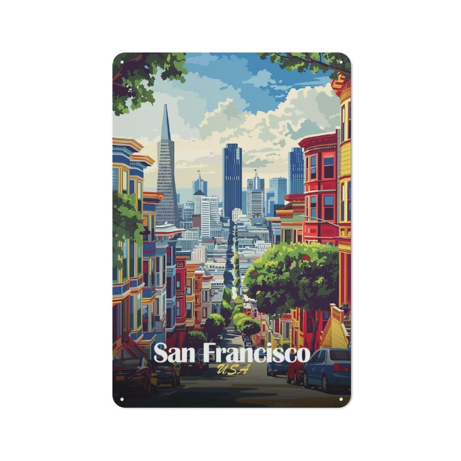 Metal Wall Art Sign with San Francisco Cityscape Illustration Design 30x20cm, Modern Retro Urban Room Decor for Workspace, Cafe, Hallway Or Garage