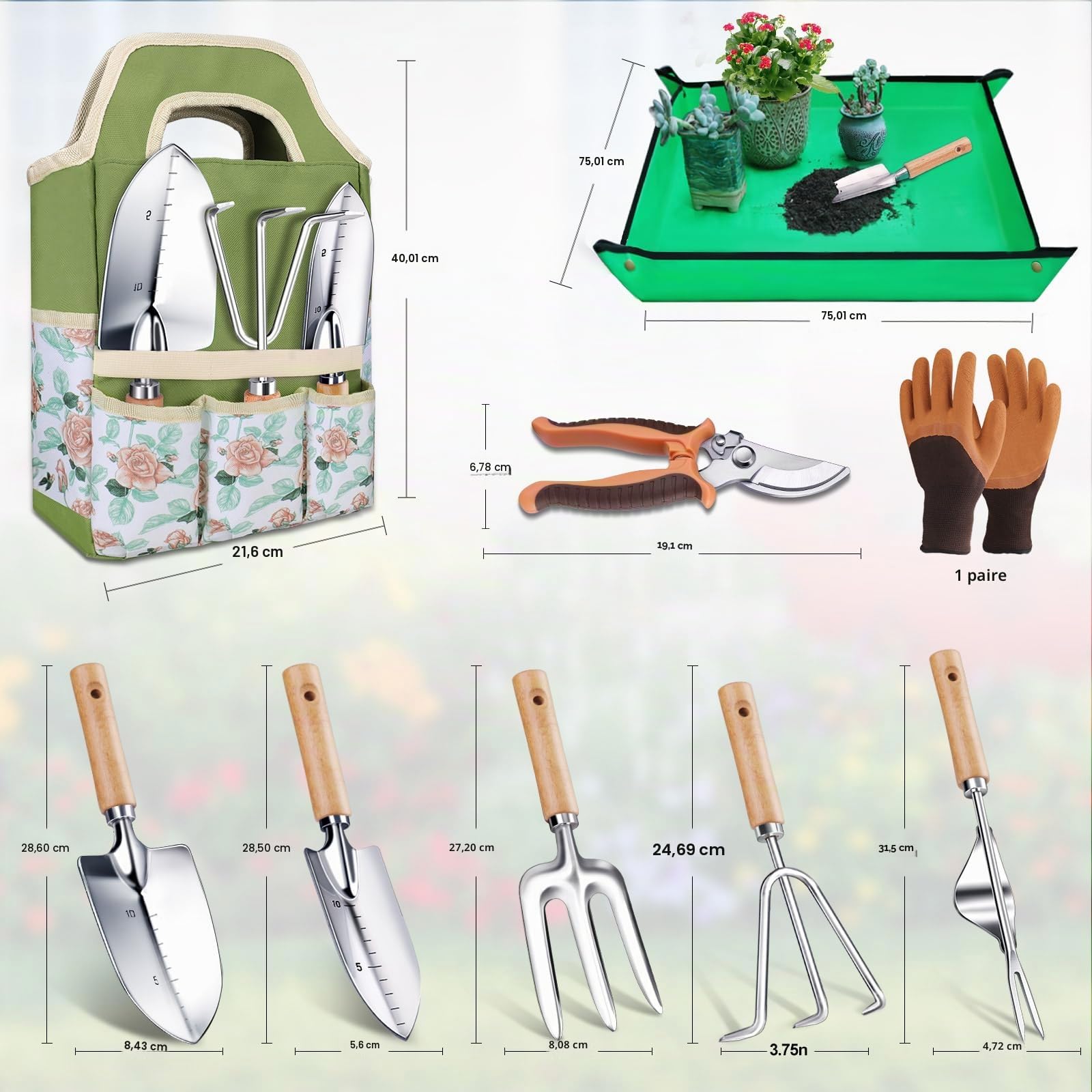 Kynup Kit de Jardinage 9 Pièces, Ensemble Outils de Jardin en Acier Inoxydable avec Manches en Bois Ergonomiques - Idéal pour la Plantation, Désherbage et Rempotage, Cadeau Pratique pour Jardiniers