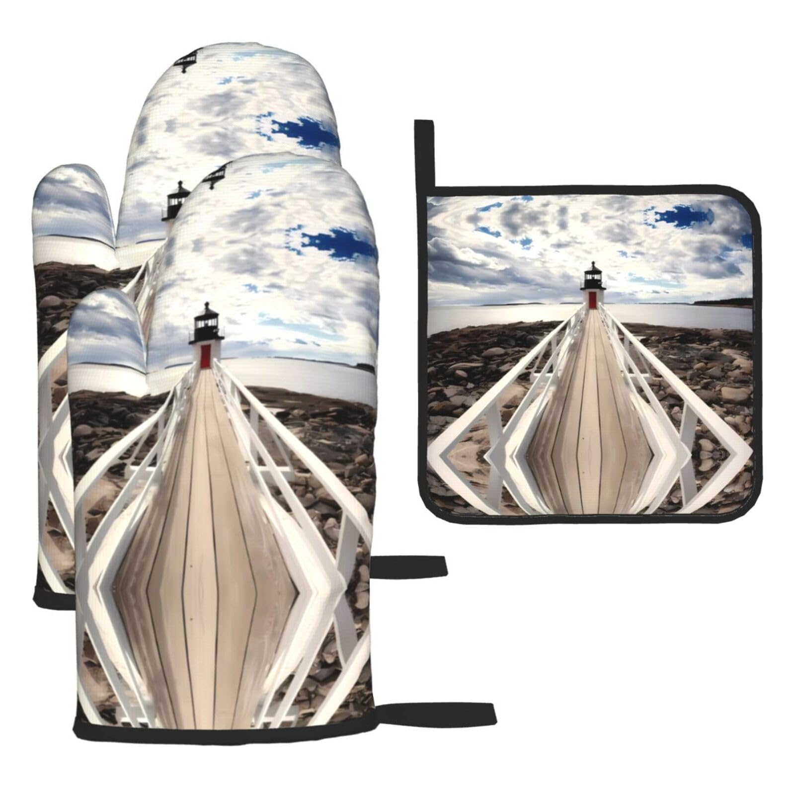 Lighthouse with Beautiful Cloud 3 Piece Kitchen Oven Mitt Set Heat Resistant Gloves with Pot Holder Mat Polyester Printed for Cooking Baking BBQ Grill