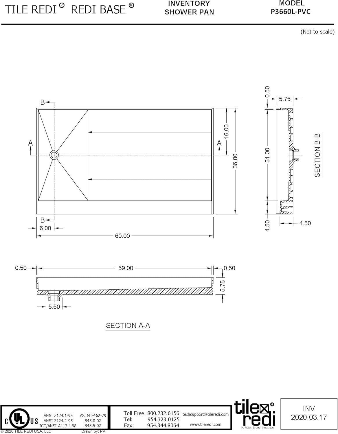 Tile Redi USA P3660L-PVC Redi Base Shower Pan, 60" W x 36" D, Left Round Polished Chrome Drain Plate