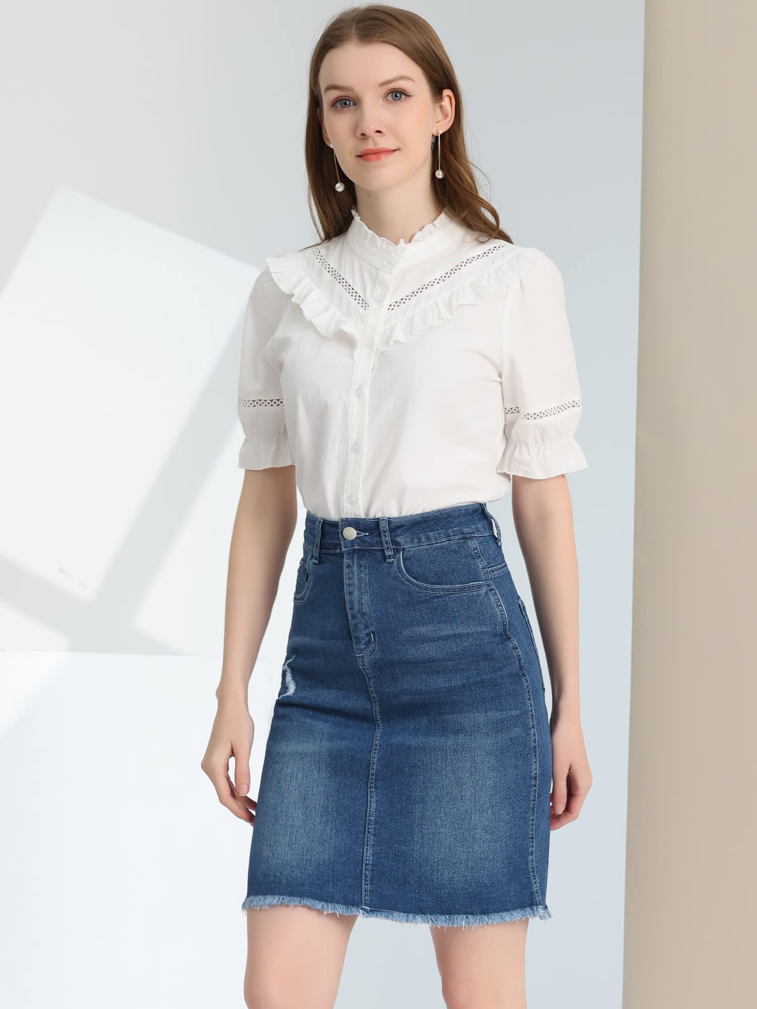 Allegra K Jupe en jean délavé taille haute avec ourlet déchiré pour femme, bleu vintage, Taille S