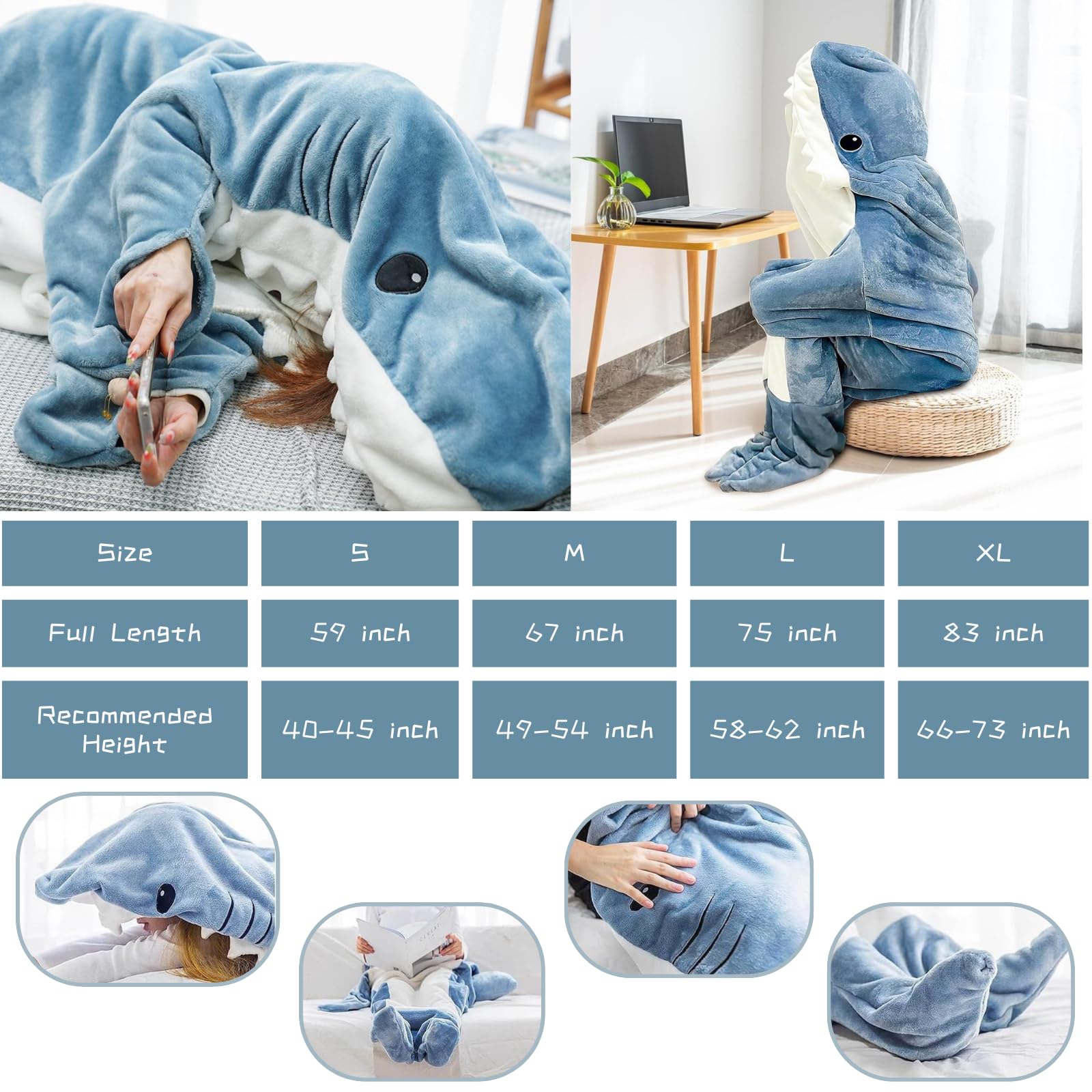 siluowna Shark Wearable Blanket Hoodie Onesie, Soft Cozy Flannel Pajamas, Comfort Hooded Sharks Costume, Both for Adult&Kids (M)