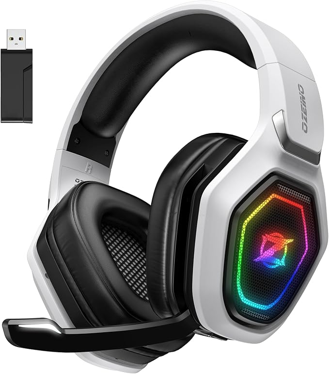 Ozeino Cascos Gaming Inalámbricos para PC/Ps5/Ps4, Auriculares Gaming Inalámbricos de 2,4GHz Wireless+Bluetooth, Baja Latencia Calidad de Sonido sin Pérdidas, Duración 30Hr+