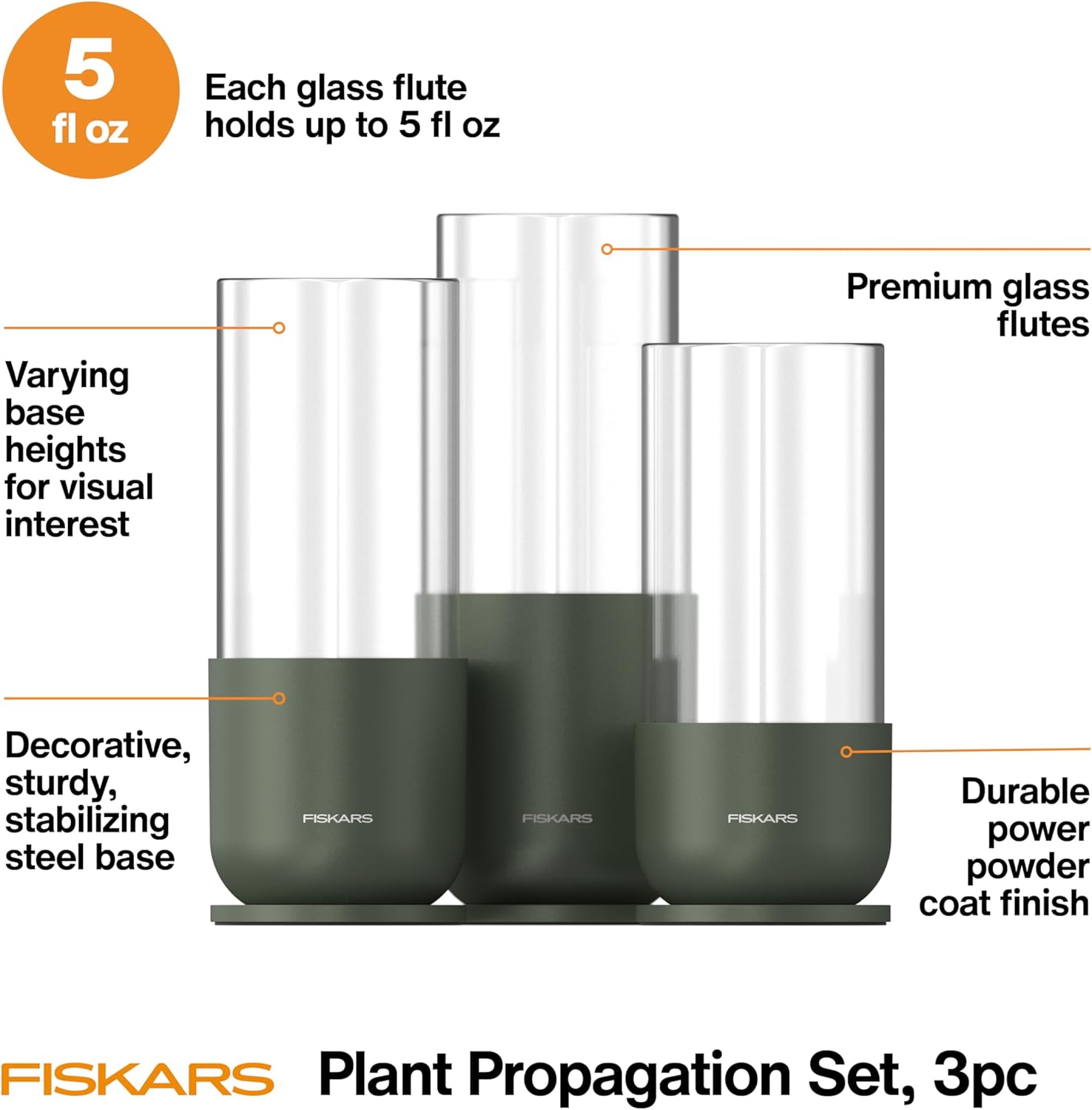 Fiskars Plant Propagation Set, Glass Vases with Metal Stands for Rooting Cuttings, Hydroponic System for Growing Plants in Water & Decorative Display for Indoor Garden Decor, 3 Pack, Clear