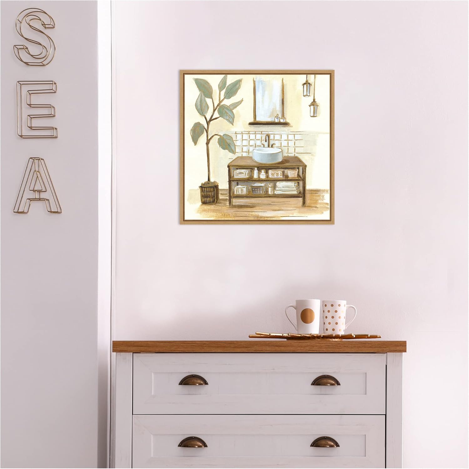 Sage Bathroom II Framed Canvas Wall Art Print 16 x 16