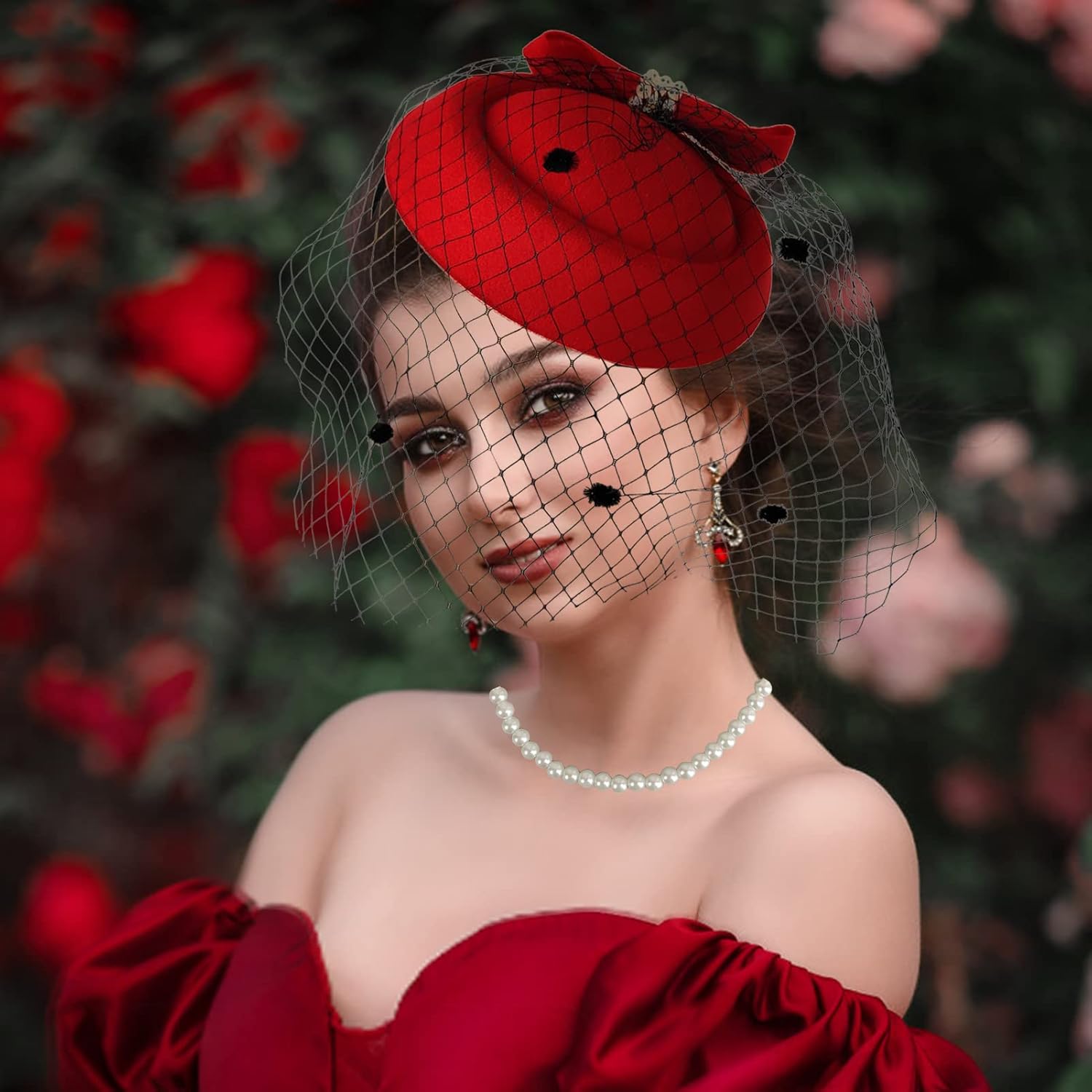 Women's Fascinators Veil and Retro Charming Mesh Hat with Lace Gloves Imitation Pearl Necklace,Suitable for 1920s or 1950s Vintage Tea Party Cocktail Hall Wedding Church Derby Hat Set. Red - Image 7